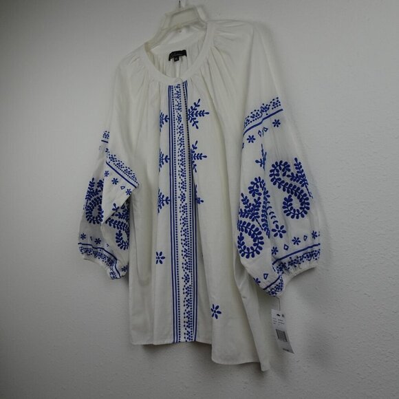 Calessa Embroidered Tunic Top Women's Size XL White Blue Loose Fit Boho Peasant - Picture 3 of 11